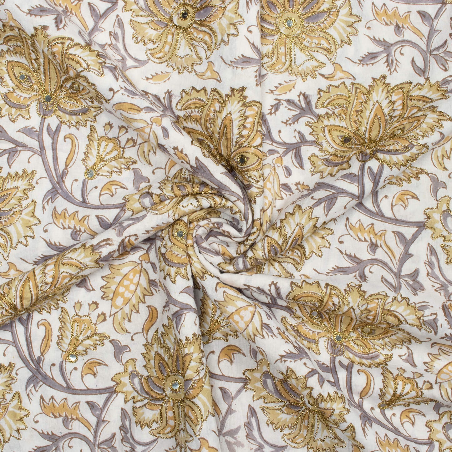 Flex Yellow And Grey Floral Pattern Golden Zari Embroidery With Mirror Work Handblock Cotton Fabric
