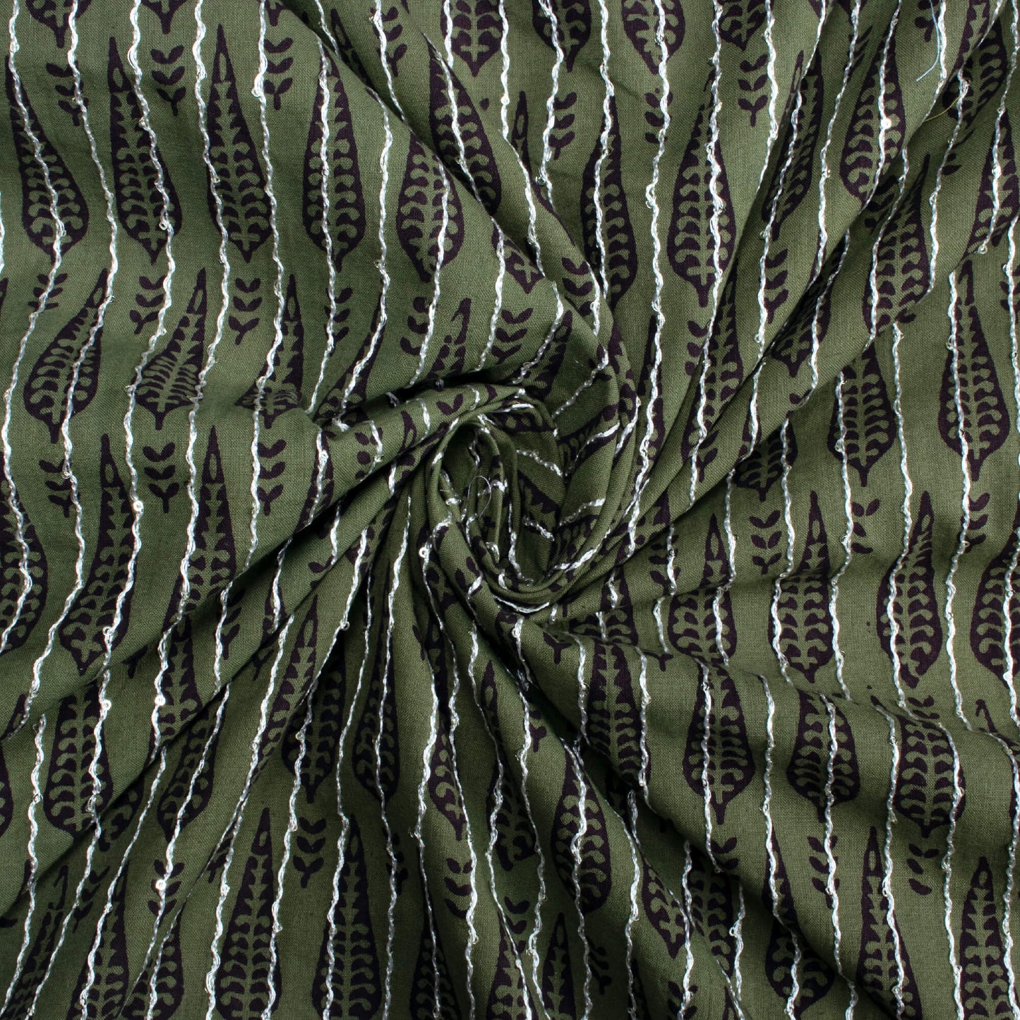 Mineral Green And Black Leaf Pattern Bagh Print Sequins Embroidery Handblock Natural Dye Cotton Fabric