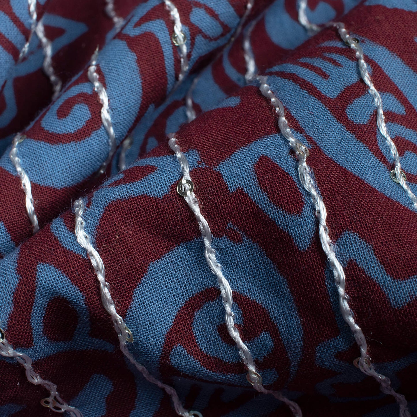 Maroon And Maya Blue Paisley Pattern Bagh Print Sequins Embroidery Handblock Natural Dye Cotton Fabric