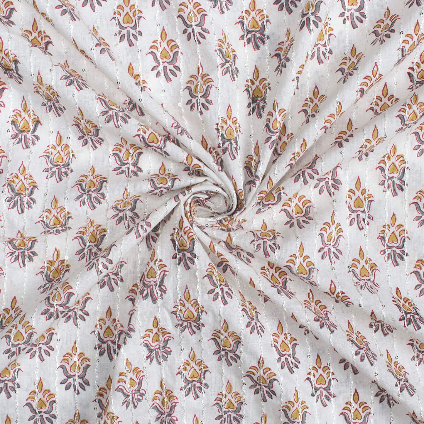 White And Mustard Yellow Booti Pattern Sequins Embroidery Natural Dye Handblock Organic Cotton Fabric