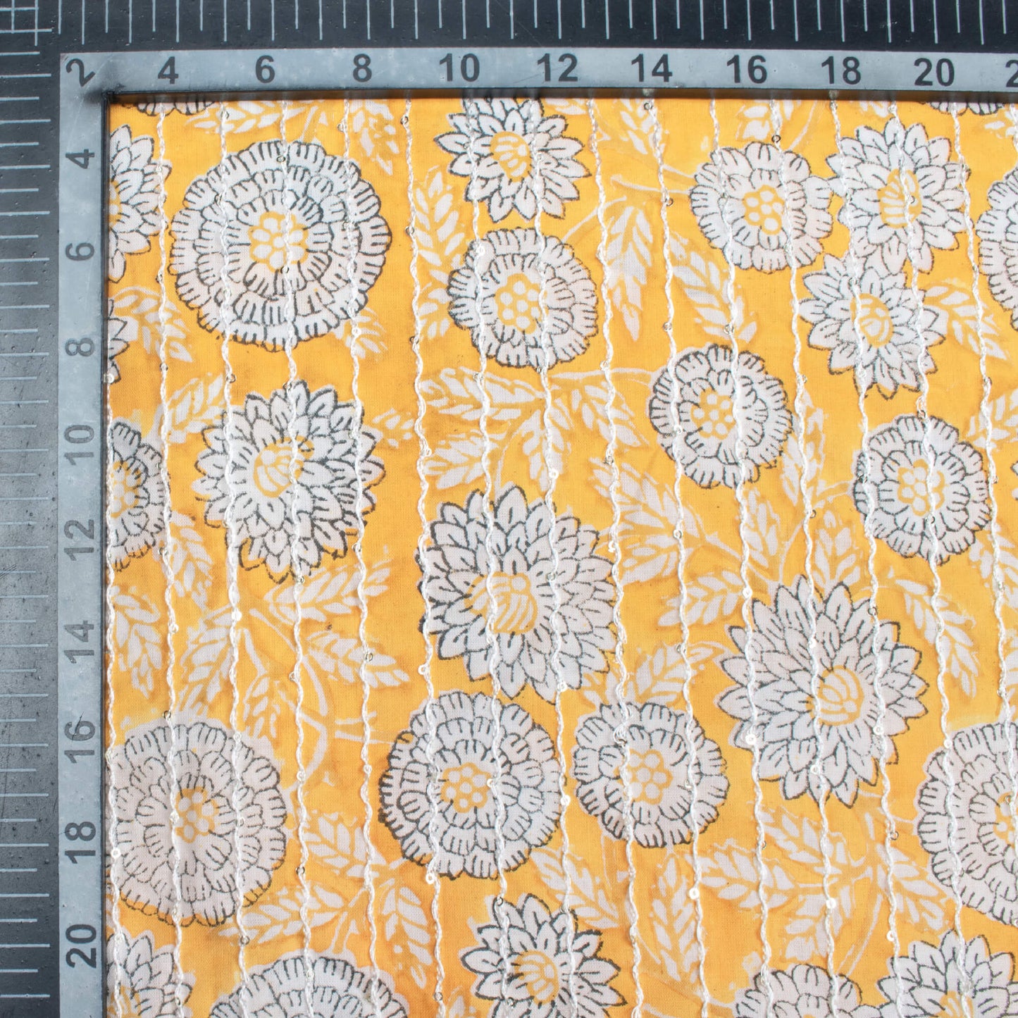 Butter Yellow And Off White Floral Pattern Sequins Embroidery Natural Dye Handblock Organic Cotton Fabric