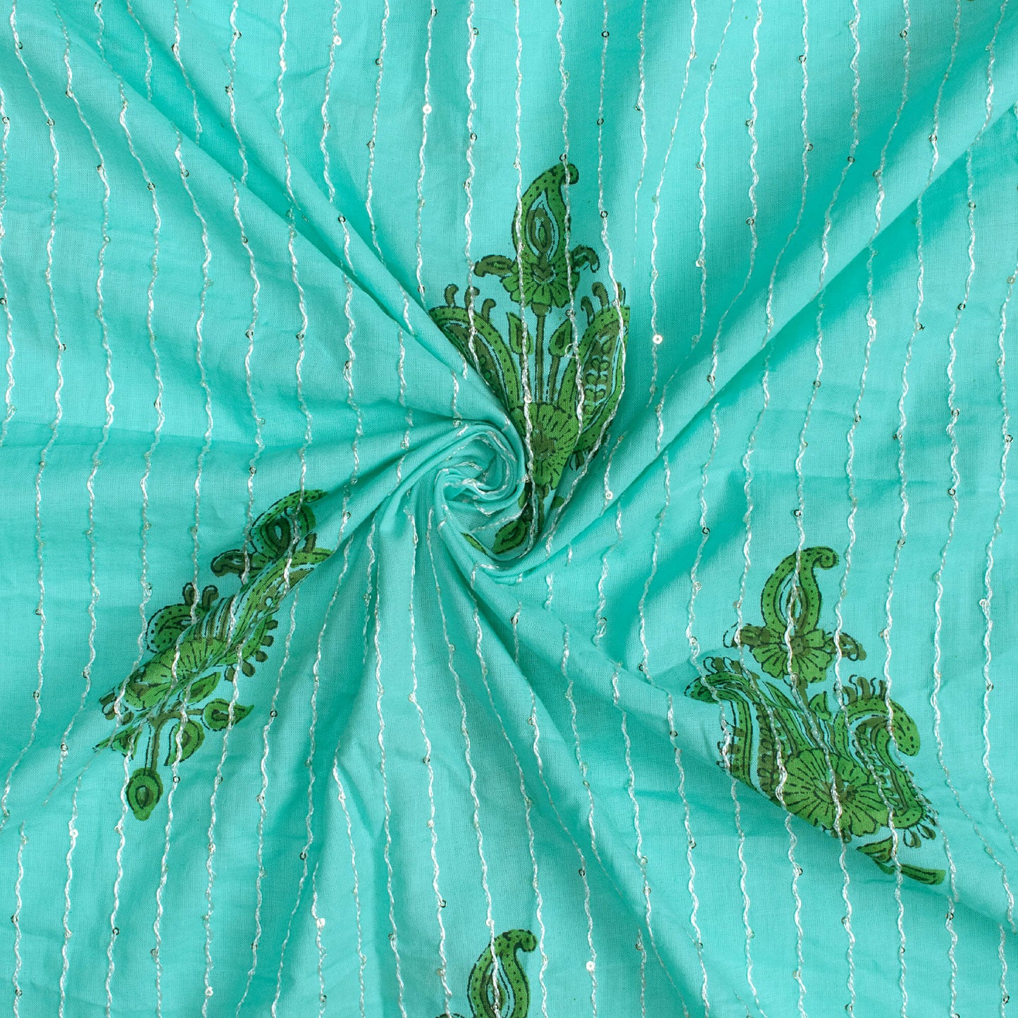 Belize Blue And Green Floral Pattern Sequins Embroidery Handblock Natural Dye Cotton Fabric
