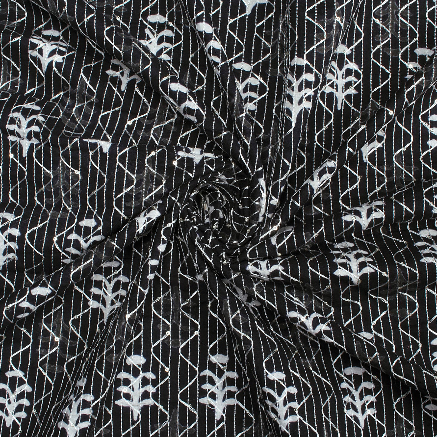 Monochrome Booti Pattern Sequins Embroidery Handblock Cotton Fabric