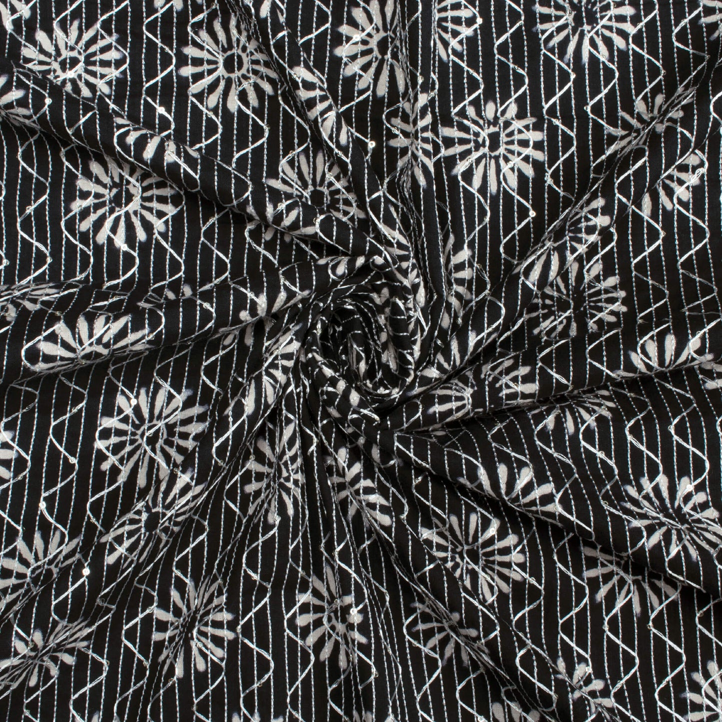 Monochrome Traditional Pattern Sequins Embroidery Handblock Cotton Fabric