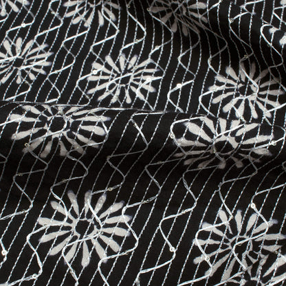 Monochrome Traditional Pattern Sequins Embroidery Handblock Cotton Fabric