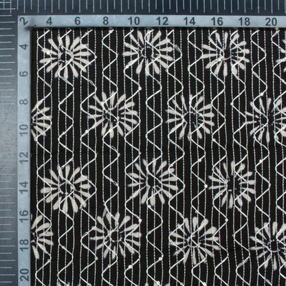 Monochrome Traditional Pattern Sequins Embroidery Handblock Cotton Fabric
