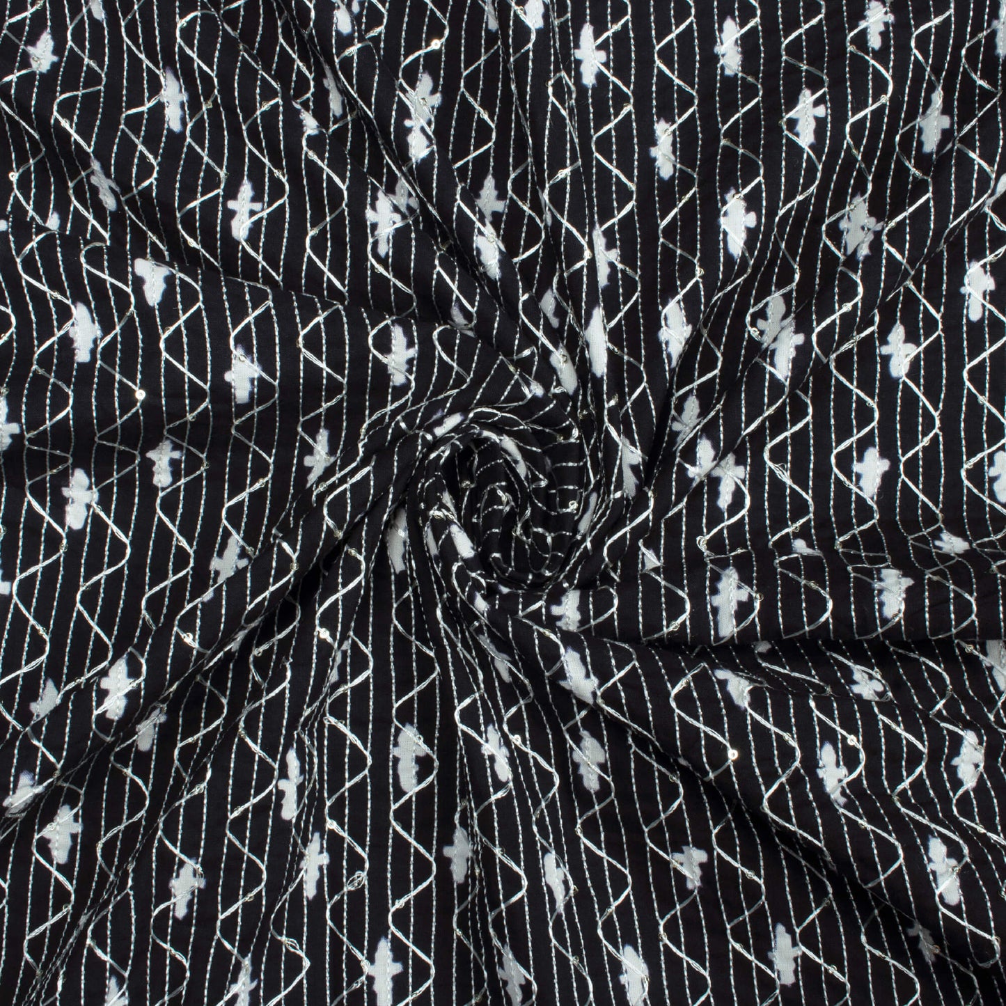 Monochrome Booti Pattern Sequins Embroidery Handblock Cotton Fabric