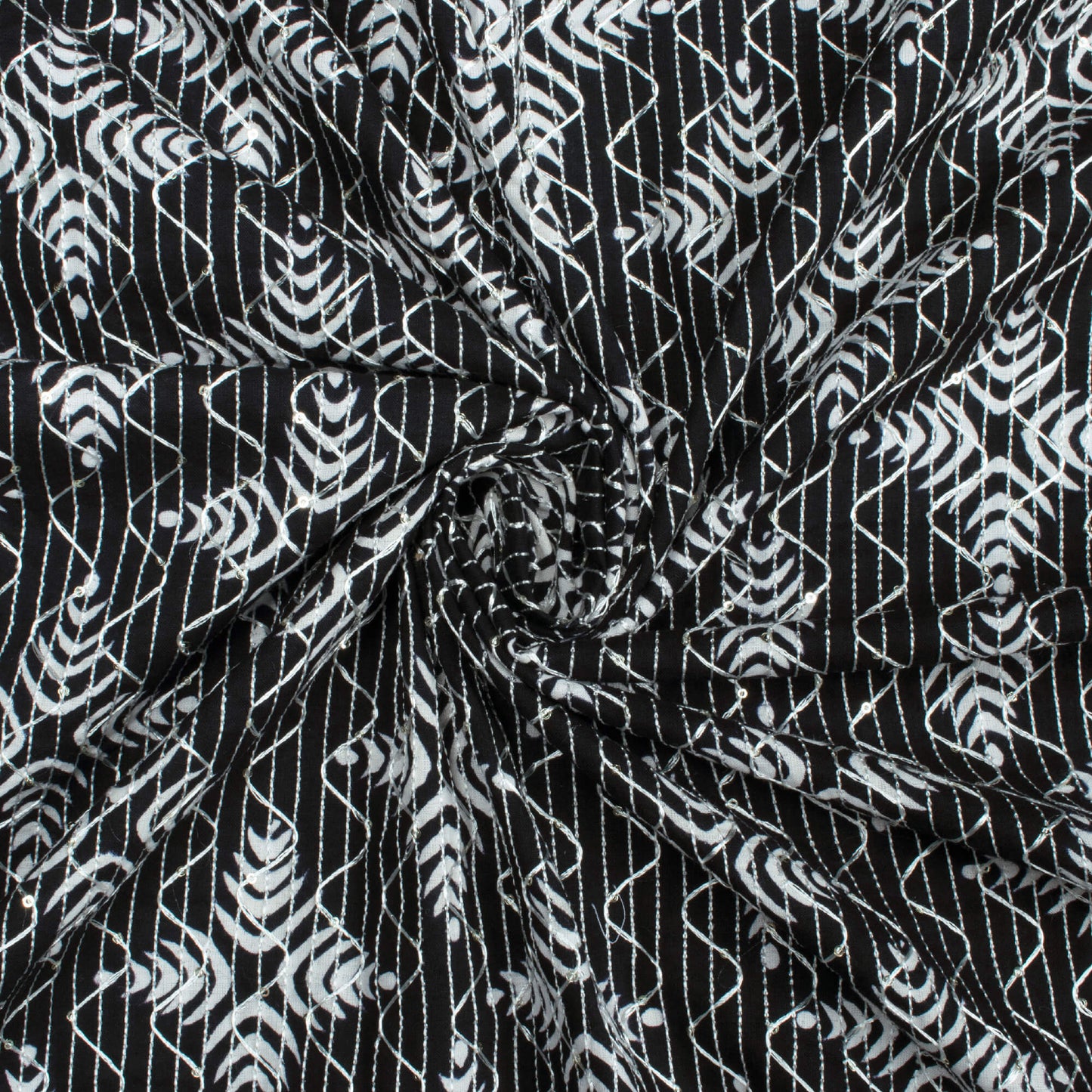 Monochrome Traditional Pattern Sequins Embroidery Handblock Cotton Fabric
