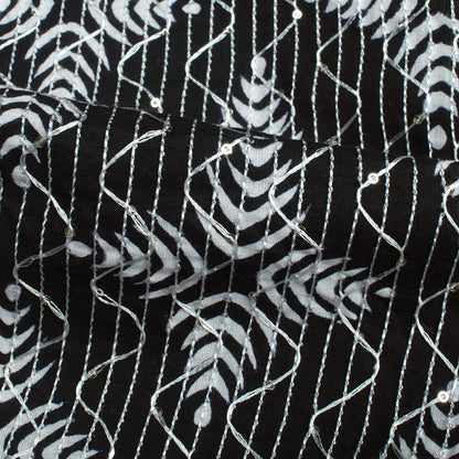 Monochrome Traditional Pattern Sequins Embroidery Handblock Cotton Fabric