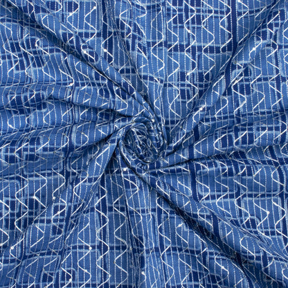 Indigo Geometric Pattern Sequins Embroidery Natural Dye Akola Handblock Cotton Fabric