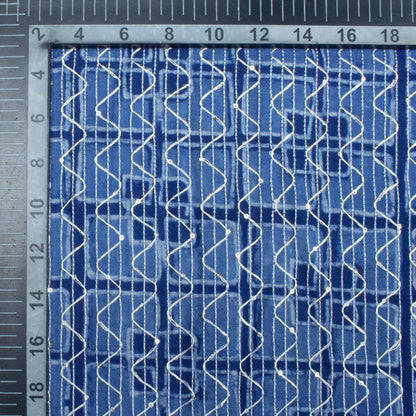 Indigo Geometric Pattern Sequins Embroidery Natural Dye Akola Handblock Cotton Fabric