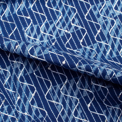 Indigo Geometric Pattern Sequins Embroidery Natural Dye Akola Handblock Cotton Fabric