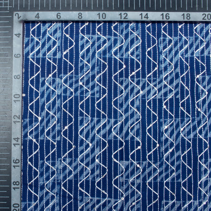 Indigo Geometric Pattern Sequins Embroidery Natural Dye Akola Handblock Cotton Fabric