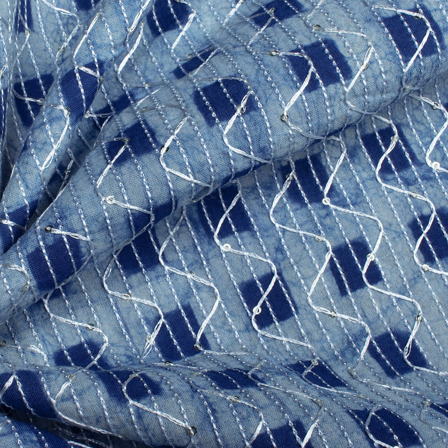 Indigo Checks Pattern Sequins Embroidery Natural Dye Akola Handblock Cotton Fabric
