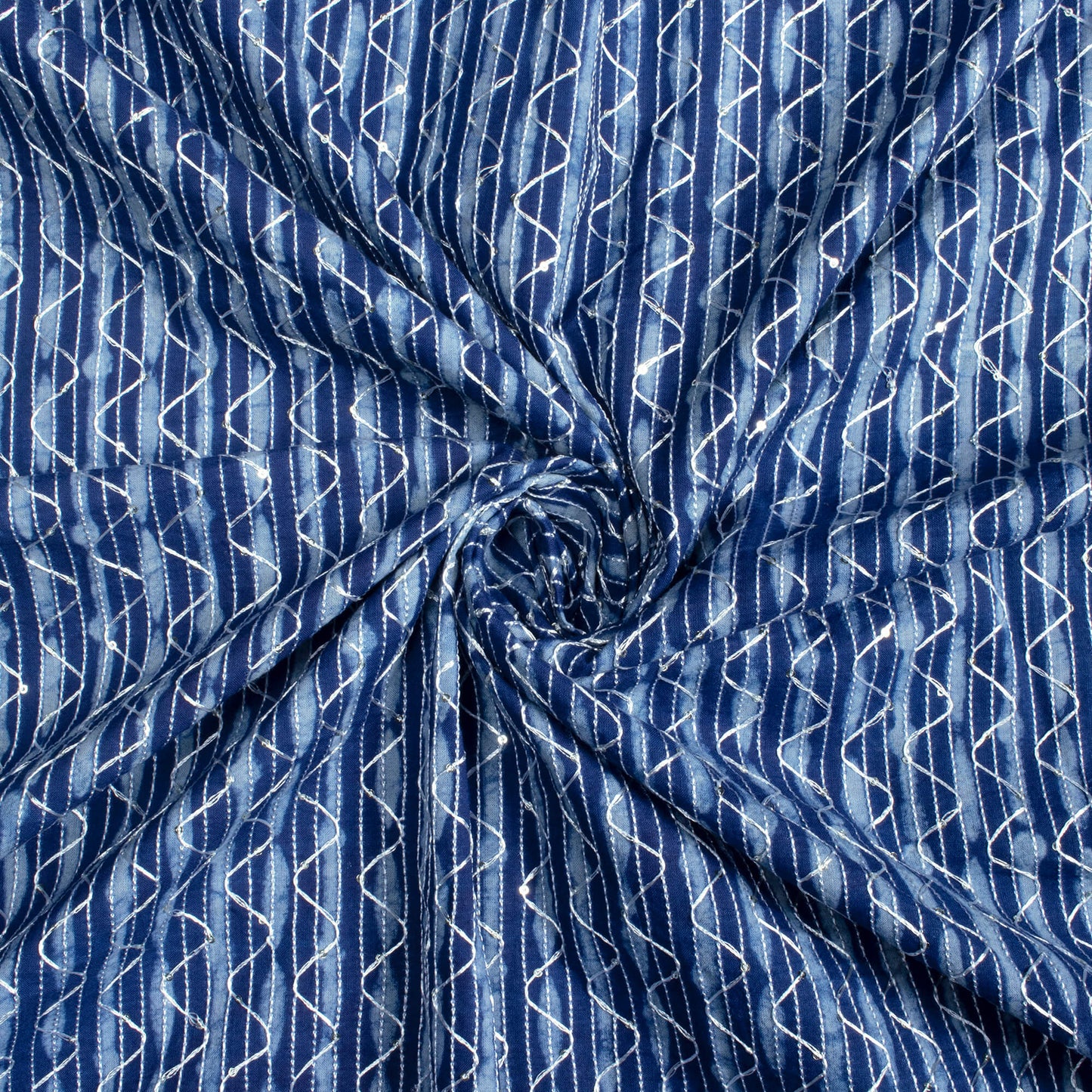 Indigo Stripes Pattern Sequins Embroidery Natural Dye Akola Handblock Cotton Fabric