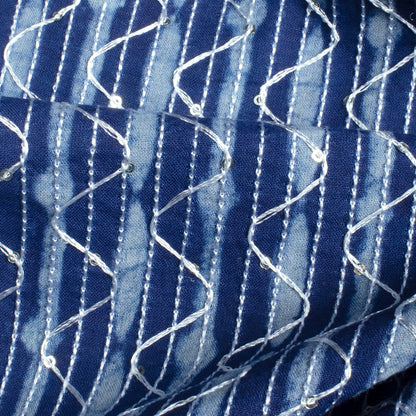 Indigo Stripes Pattern Sequins Embroidery Natural Dye Akola Handblock Cotton Fabric