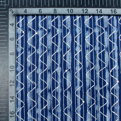 Indigo Stripes Pattern Sequins Embroidery Natural Dye Akola Handblock Cotton Fabric