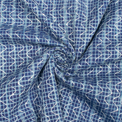 Indigo Geometric Pattern Sequins Embroidery Natural Dye Akola Handblock Cotton Fabric