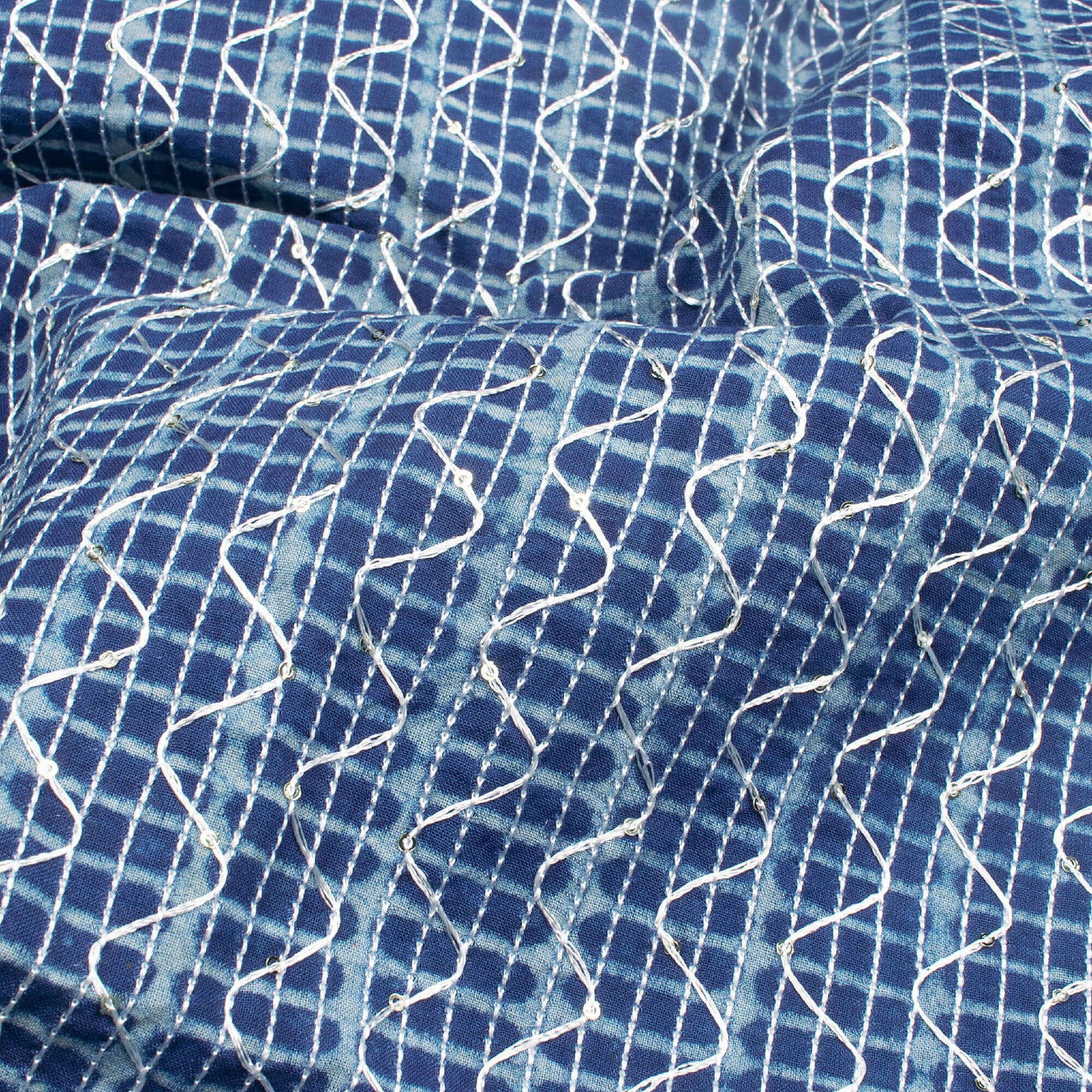 Indigo Geometric Pattern Sequins Embroidery Natural Dye Akola Handblock Cotton Fabric