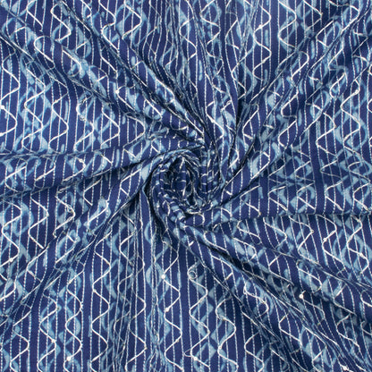 Indigo Stripes Pattern Sequins Embroidery Natural Dye Akola Handblock Cotton Fabric