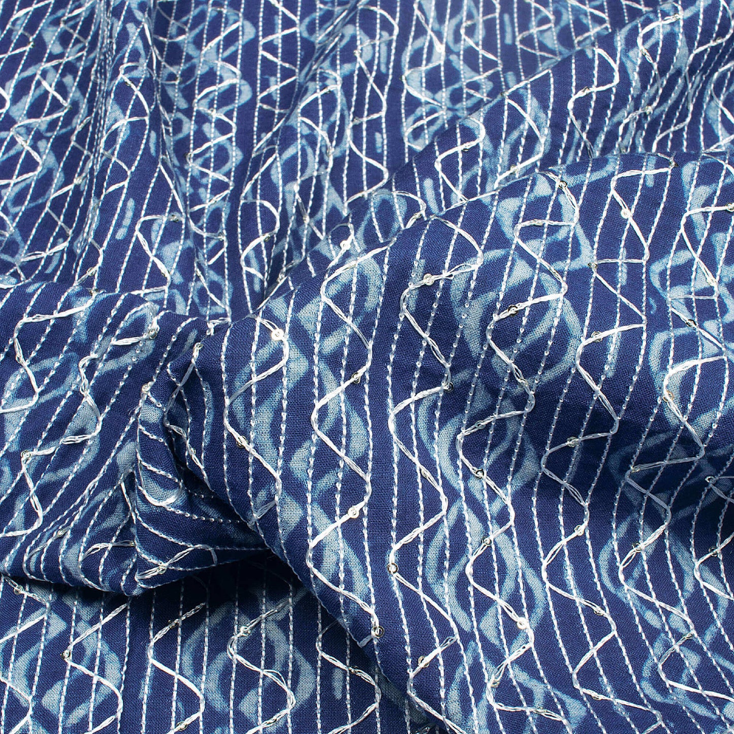 Indigo Stripes Pattern Sequins Embroidery Natural Dye Akola Handblock Cotton Fabric
