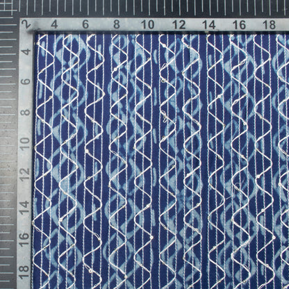 Indigo Stripes Pattern Sequins Embroidery Natural Dye Akola Handblock Cotton Fabric
