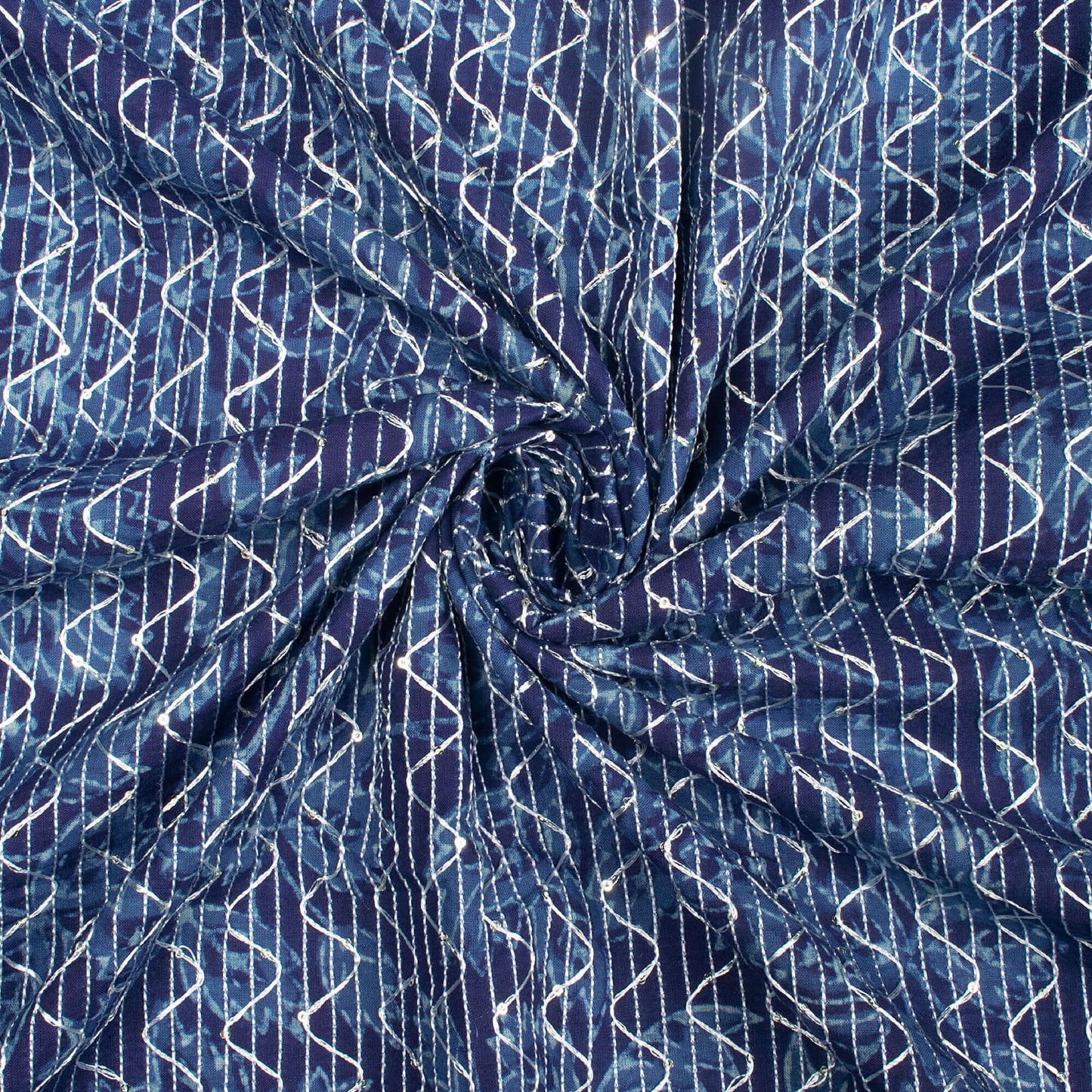 Indigo Leaf Pattern Sequins Embroidery Natural Dye Akola Handblock Cotton Fabric