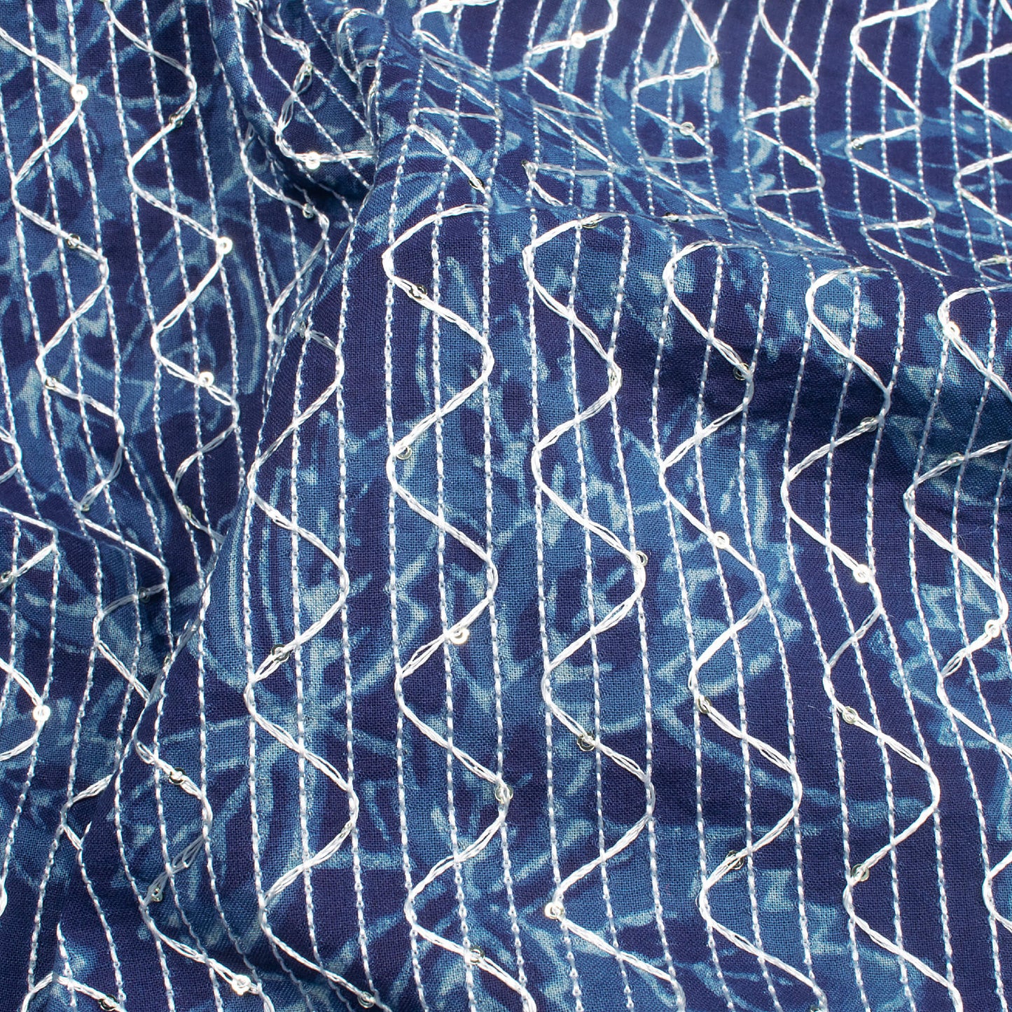 Indigo Leaf Pattern Sequins Embroidery Natural Dye Akola Handblock Cotton Fabric
