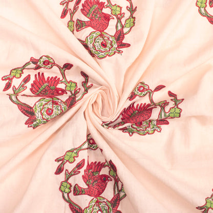 Dusty Peach And Red Bird Pattern Embroidery With Foil Mirror Work Handblock Cotton Fabric