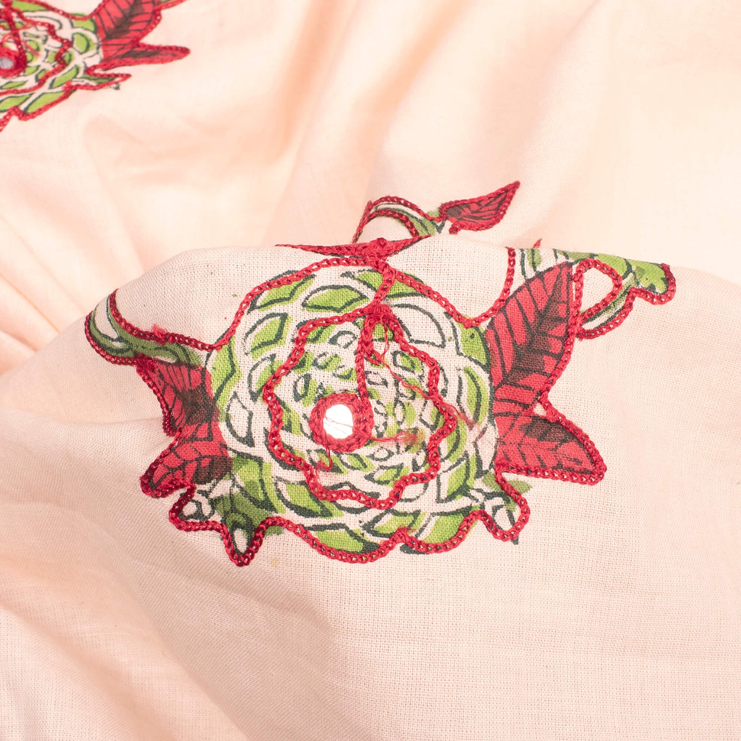 Dusty Peach And Red Bird Pattern Embroidery With Foil Mirror Work Handblock Cotton Fabric