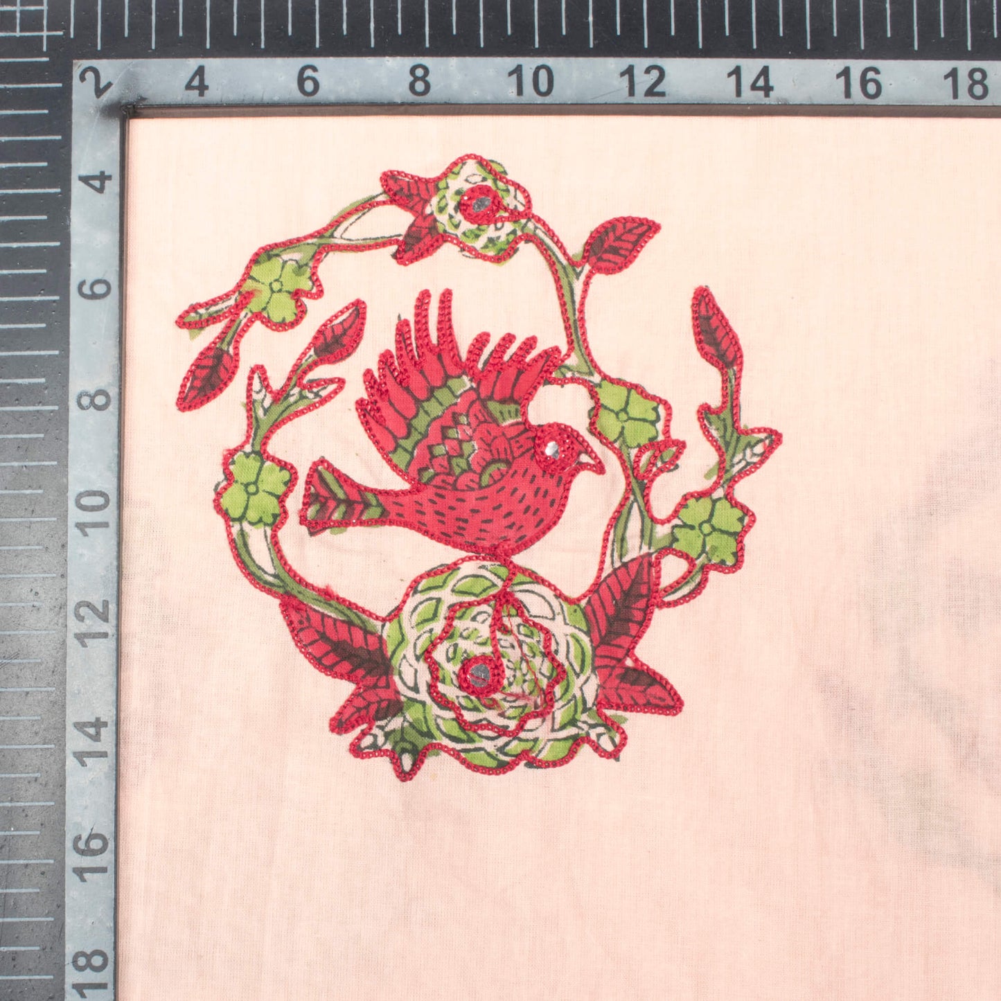 Dusty Peach And Red Bird Pattern Embroidery With Foil Mirror Work Handblock Cotton Fabric