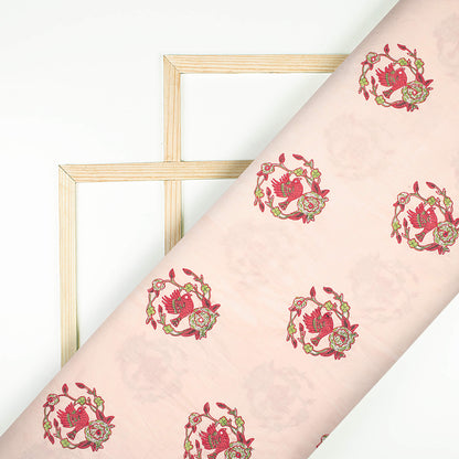Dusty Peach And Red Bird Pattern Embroidery With Foil Mirror Work Handblock Cotton Fabric