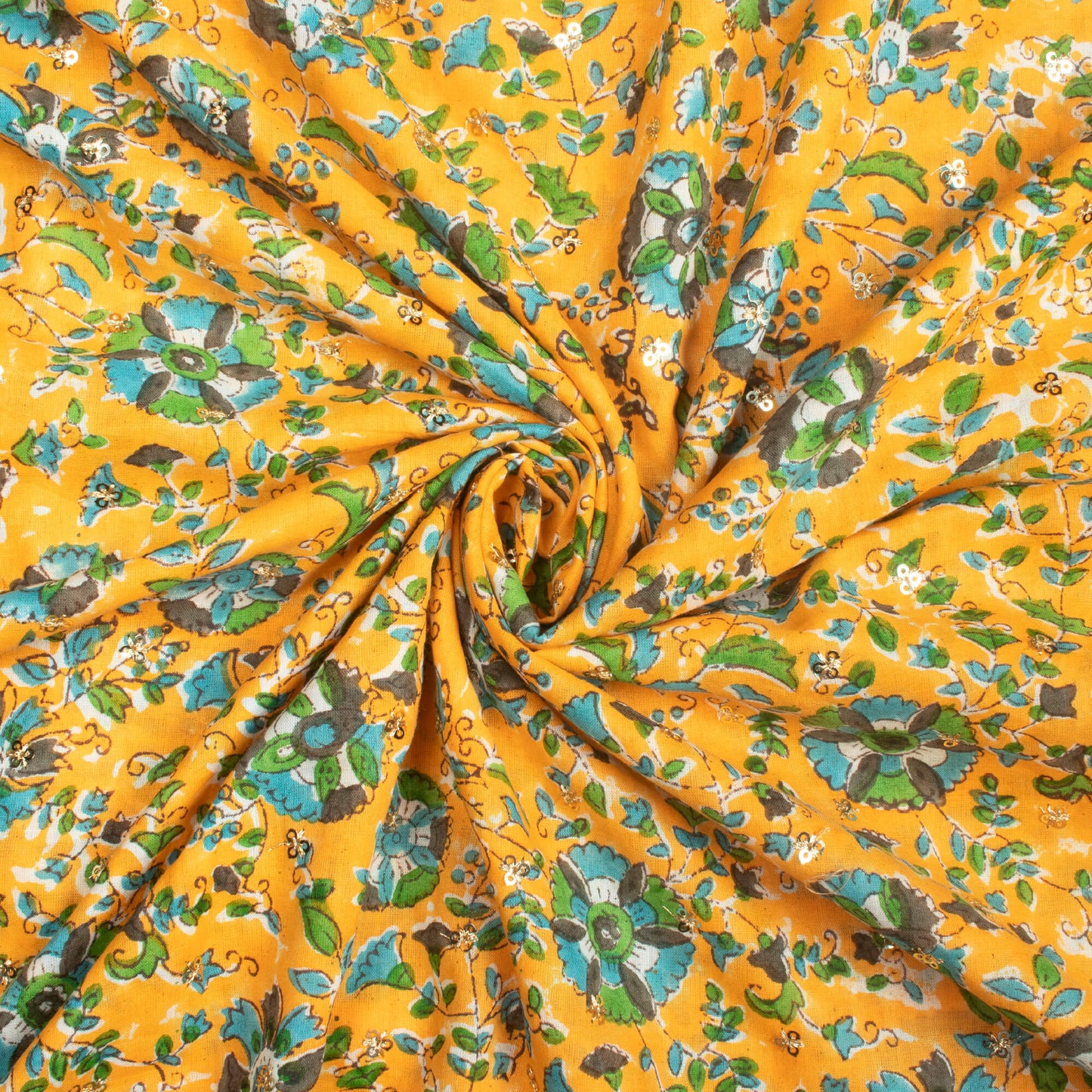 Honey Yellow And True Blue Floral Pattern Booti Sequins Handblock Cotton Mulmul Fabric
