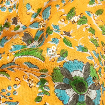 Honey Yellow And True Blue Floral Pattern Booti Sequins Handblock Cotton Mulmul Fabric