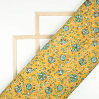 Honey Yellow And True Blue Floral Pattern Booti Sequins Handblock Cotton Mulmul Fabric