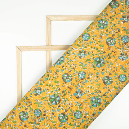 Honey Yellow And True Blue Floral Pattern Booti Sequins Handblock Cotton Mulmul Fabric