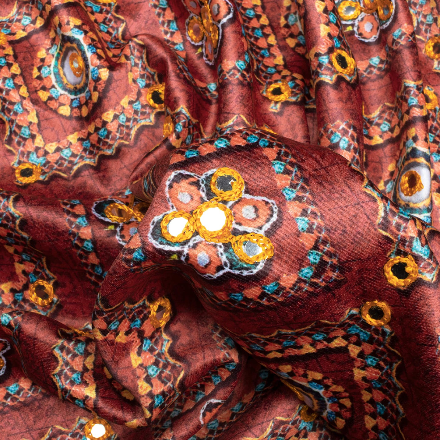 Maroon And Orange Gamthi Pattern Embroidery With Foil Mirror Work Digital Print Charmeuse Satin Fabric (Width 58 Inches)