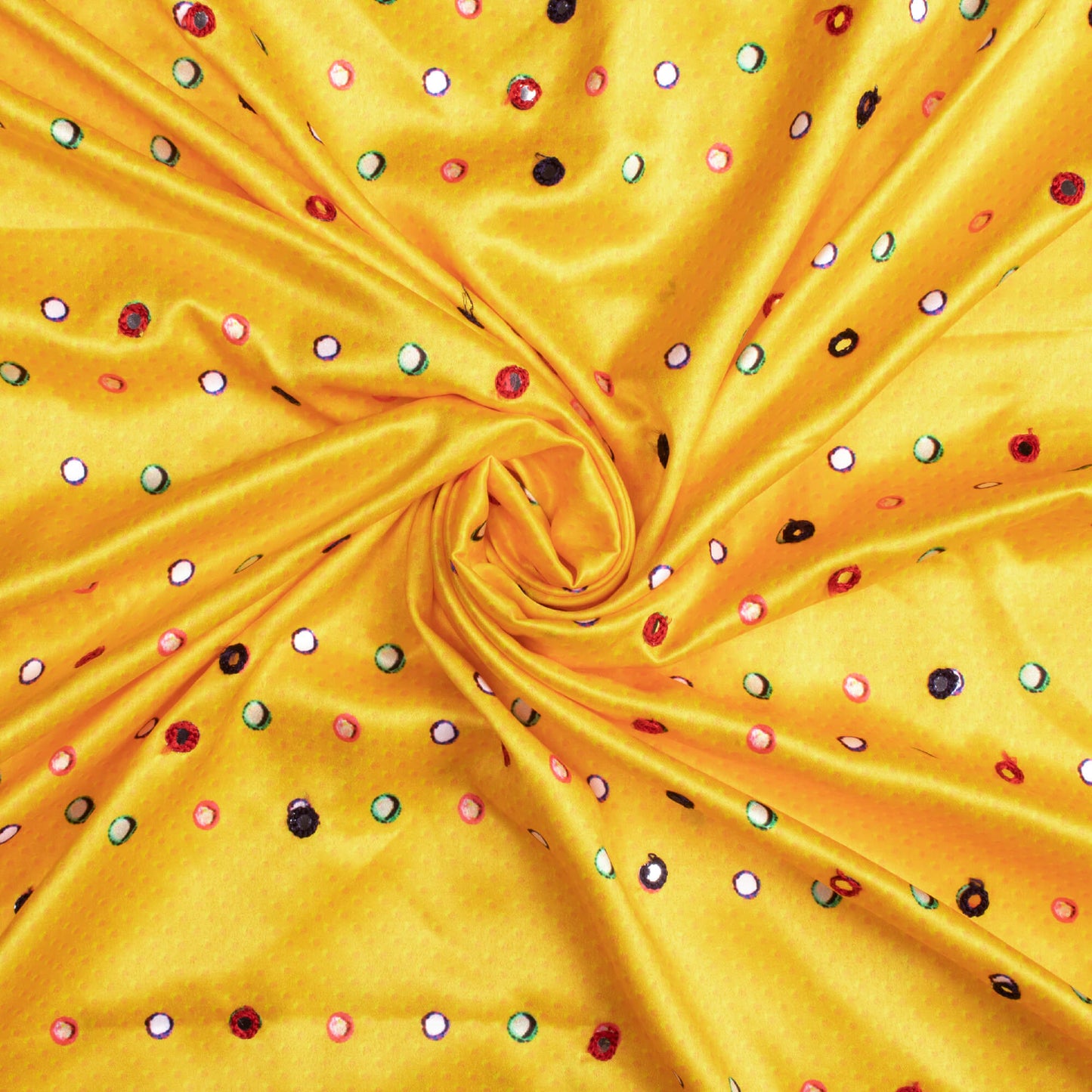 Marigold Yellow Gamthi Pattern Embroidery With Foil Mirror Work Digital Print Charmeuse Satin Fabric (Width 58 Inches)
