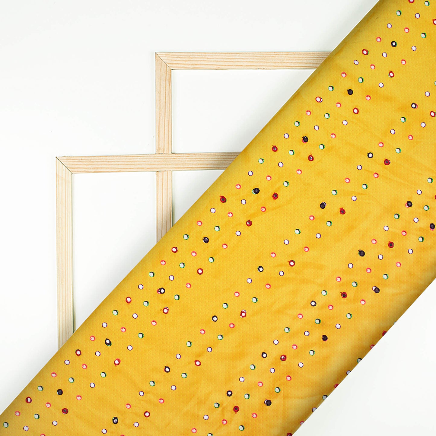 Marigold Yellow Gamthi Pattern Embroidery With Foil Mirror Work Digital Print Charmeuse Satin Fabric (Width 58 Inches)