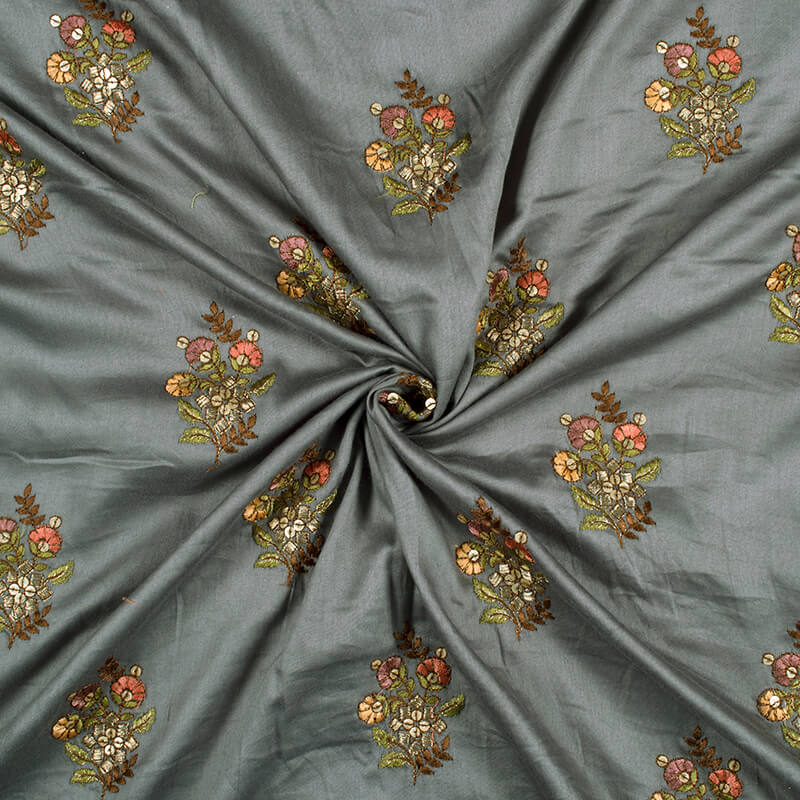Grey And Brown Floral Pattern Embroidery Glaze Cotton Fabric - Fabcurate