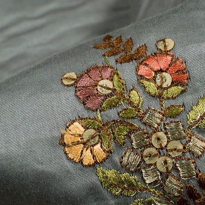 Grey And Brown Floral Pattern Embroidery Glaze Cotton Fabric - Fabcurate