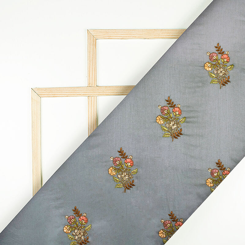 Grey And Brown Floral Pattern Embroidery Glaze Cotton Fabric - Fabcurate