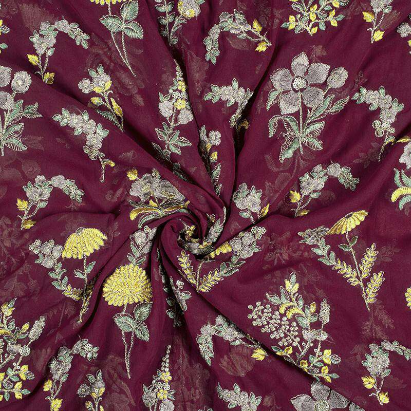 Burgundy Purple And Corn Yellow Floral Pattern Embroidery Georgette Fabric - Fabcurate