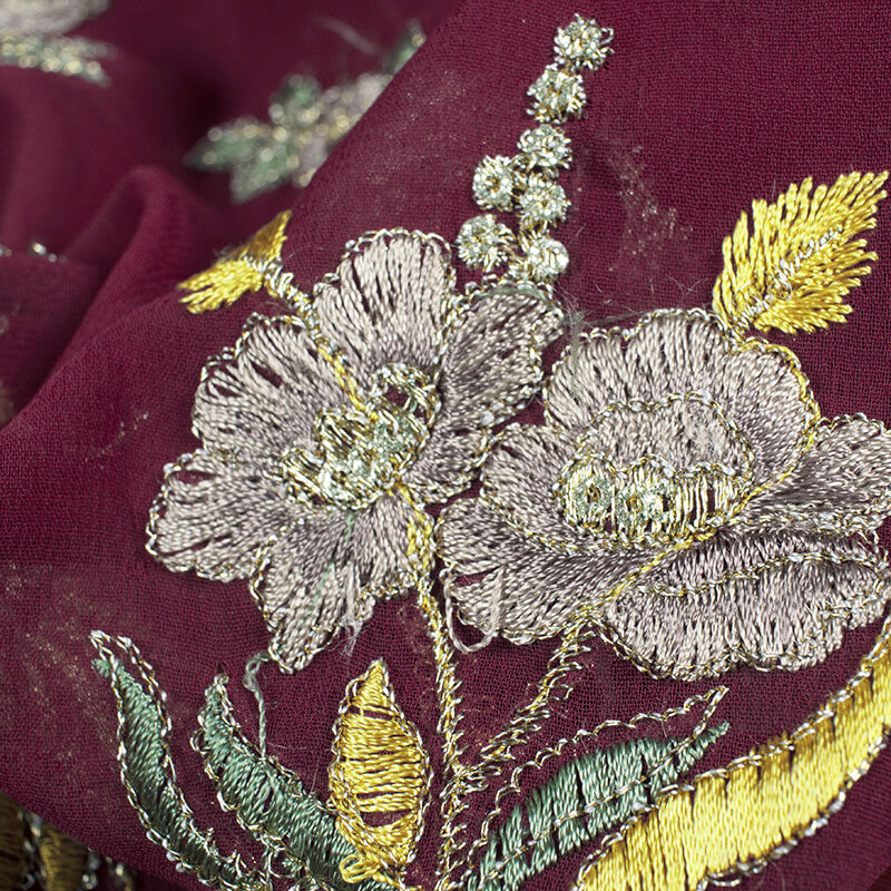 Burgundy Purple And Corn Yellow Floral Pattern Embroidery Georgette Fabric - Fabcurate