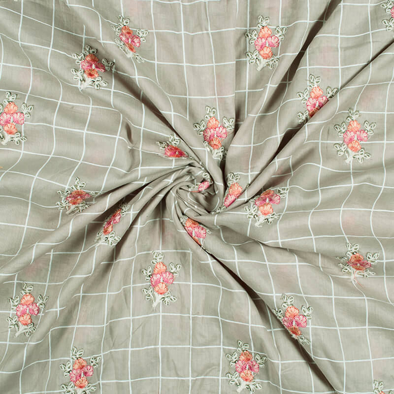 Pastel Grey Floral Pattern Embroidery Khari Checks Cotton Fabric - Fabcurate