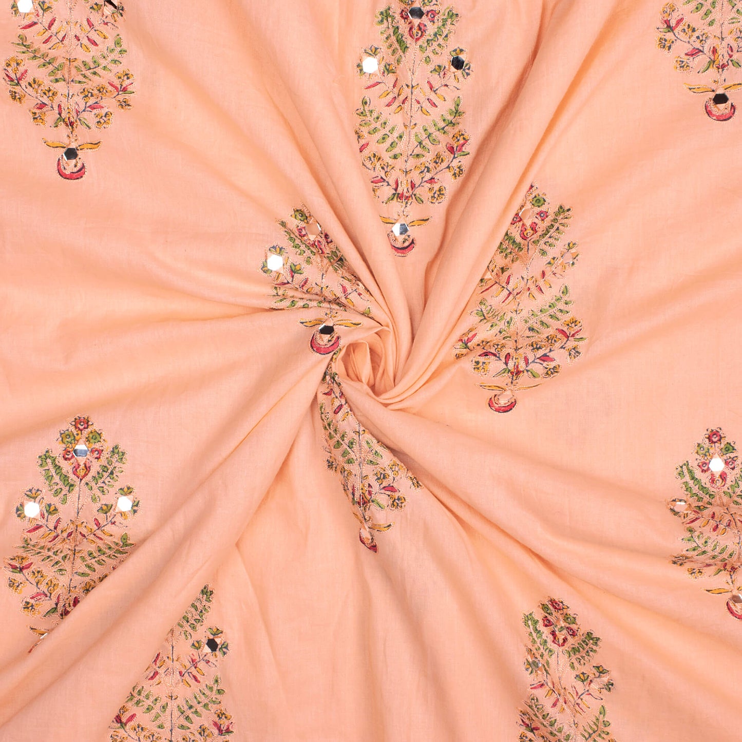 Peach And Green Floral Pattern Embroidery With Mirror Work Natural Dye Handblock Cotton Fabric