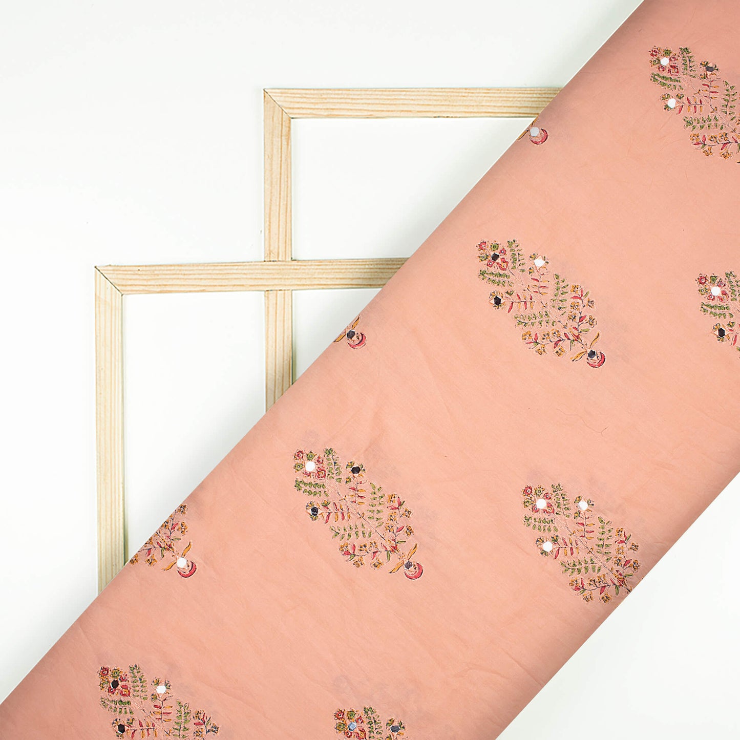 Peach And Green Floral Pattern Embroidery With Mirror Work Natural Dye Handblock Cotton Fabric