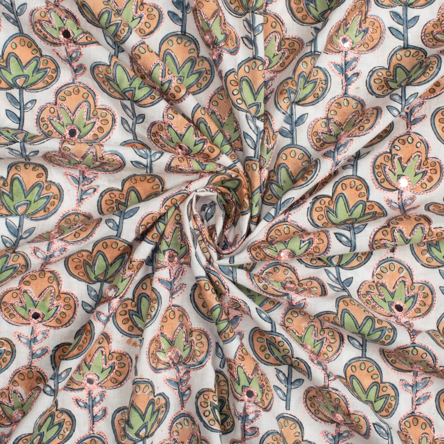 White And Peach Floral Pattern Embroidery With Foil Mirror Work Handblock Cotton Fabric