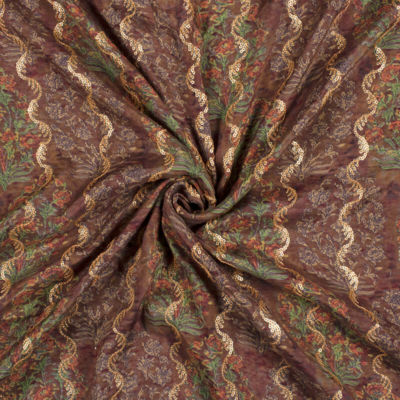 Brown And Red Floral Pattern Sequince Digital Print Muslin Fabric - Fabcurate