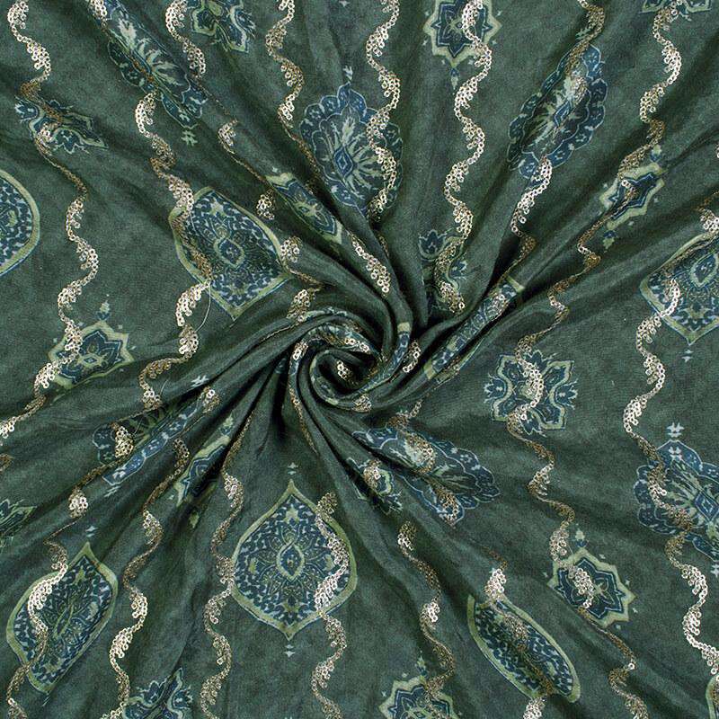 Seaweed Green And Dark Blue Ethnic Pattern Sequince Digital Print Muslin Fabric - Fabcurate